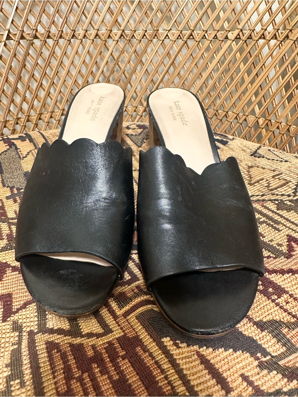 kate spade Black Leather Scallop-Edge Cork Block Heel Mules - Picture 2 of 6